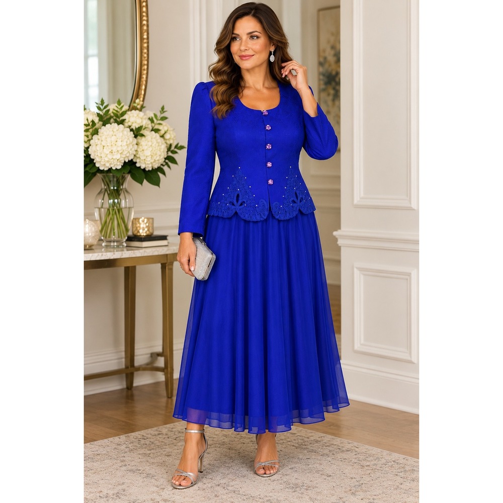 Karen Miller New York Vintage 80s Royal Blue Skirt Suit Set Size 12 Cocktail